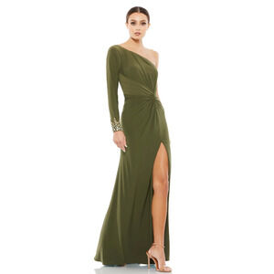 Ieena By Mac Duggal One Sleeve Beaded Cuff Side Twist Gown Dress Olive Green 8